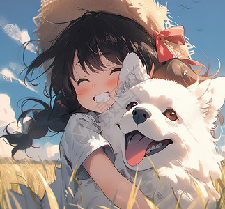 夏日抱着狗狗开心笑的小女孩插画