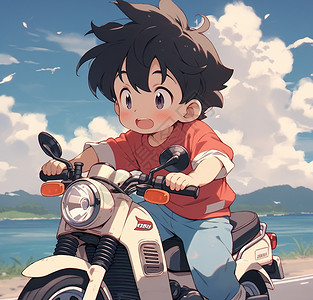 骑着电瓶车出行郊游的小男孩可爱插画图片