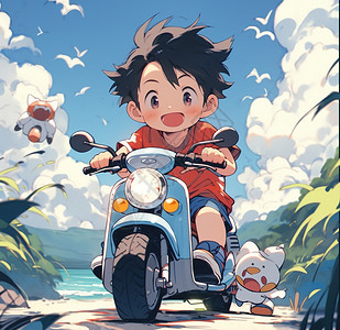 骑着电瓶车出行郊游的小男孩卡通可爱二次元插画背景图片