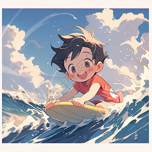 夏天在海边冲浪的小男孩卡通二次元清凉插画背景图片