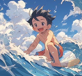 夏天在海边冲浪的小男孩卡通动漫二次元插画背景图片