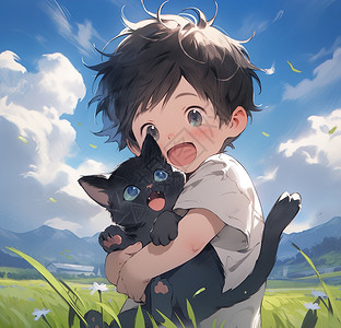 夏天田园里抱着猫咪的小男孩动漫卡通可爱二次元插画图片