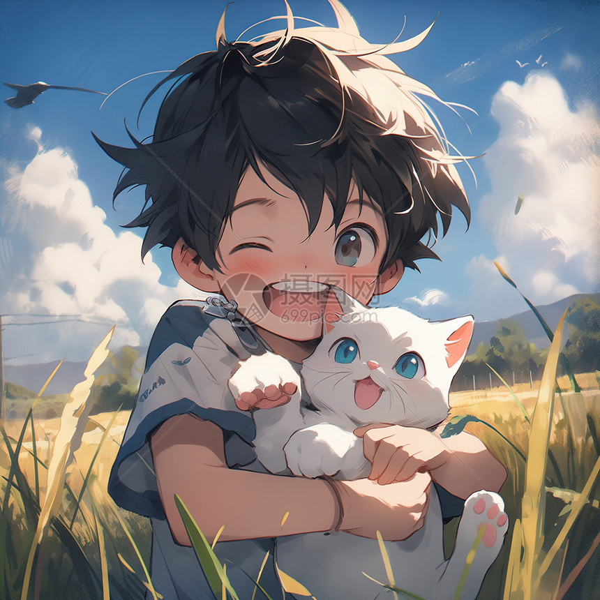 夏天田园里抱着猫咪的小男孩动漫二次元插画图片