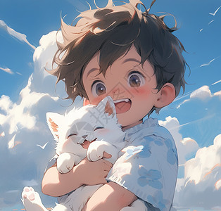 夏天田园里抱着猫咪的小男孩动漫卡通二次元插画高清图片