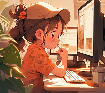在办公桌前工作的卡通可爱女孩卡通二次元插画图片