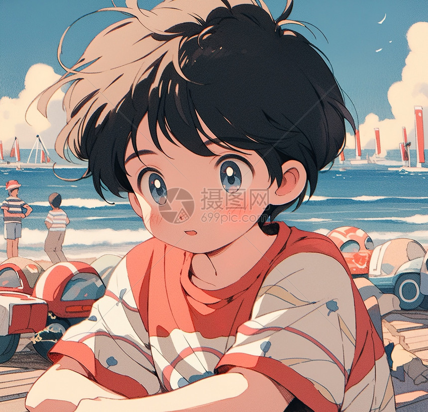 夏天在沙滩边上的小男孩卡通二次元可爱插画图片