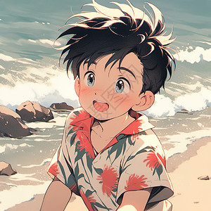 夏天在沙滩边上的小男孩可爱插画图片