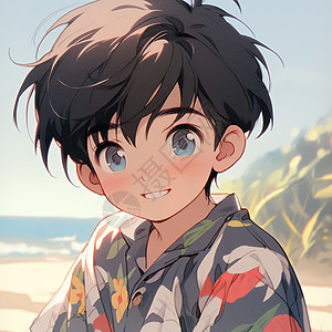 夏天在沙滩边上的小男孩动漫可爱插画背景图片
