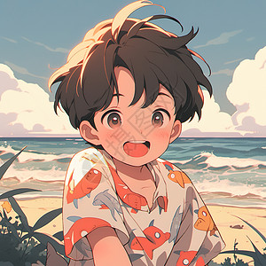 夏天在沙滩边上的小男孩动漫二次元可爱插画背景图片