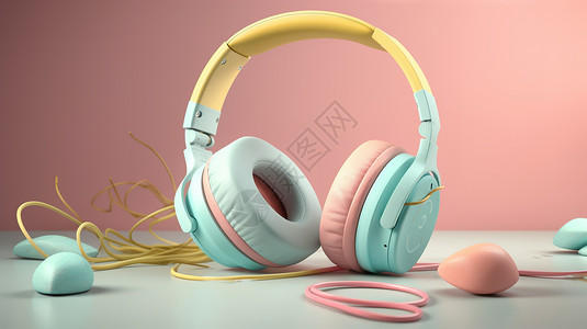 戴耳塞多巴胺色系头戴式耳机电商产品效果图设计图片