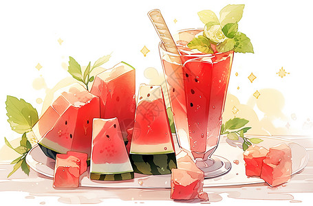 夏日水果西瓜冰饮卡通二次元插画图片