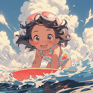 夏日海上冲浪女孩卡通插画图片
