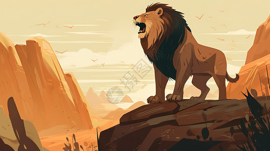 站在石峰上的狮子卡通插画高清图片