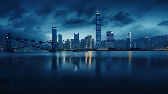 城市建筑桥夜景城市商圈江边夜景概念图插画