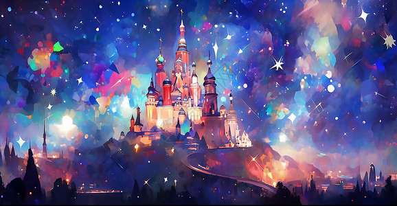 迪士尼城堡夜景唯美城堡建筑插画