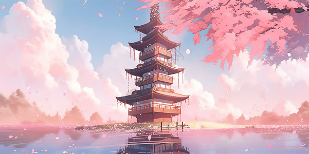 宝塔建筑樱花背景图片