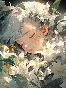 百合花在一边躺在百合花从睡着的少女插画