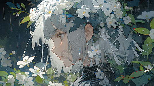 带花朵的少女在淋雨背景图片