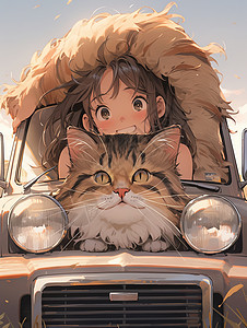 少女跟猫在车窗外图片