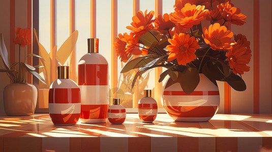 阳光下时尚红白条纹瓶装护肤品放在漂亮的盆栽旁背景图片