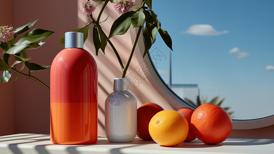 水乳包装简约时尚的大瓶装肤护品与放在桌子上设计图片
