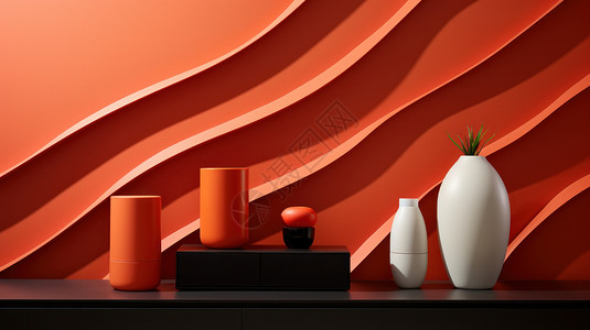 背景一套时尚大气的橙色波浪纹墙前一套精致的肤护品瓶设计图片
