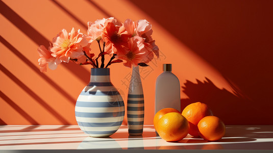 橘子盆栽放在时尚条纹花瓶边上白色包装化妆品设计图片