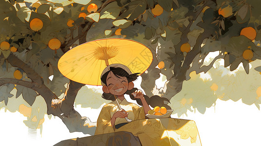 橙子雨伞打着伞在树下乘凉的少女插画
