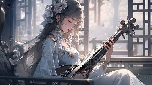 大提琴女孩穿着汉服弹琴的女孩插画
