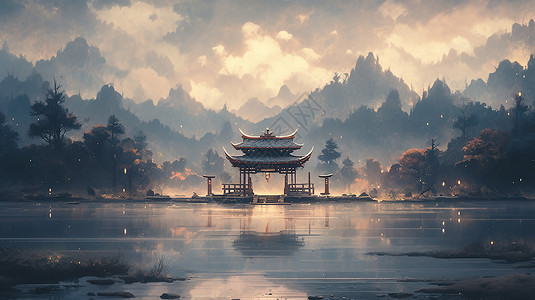 中式山水亭子风景图背景图片