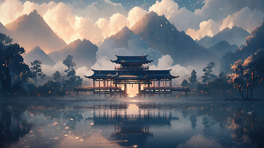 中式山水亭子风景图图片