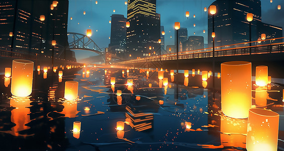 桥上灯光夜晚在河边放孔明灯插画