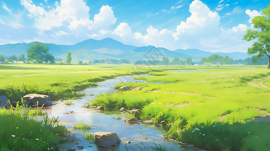 野外场景大草原上的河流插画