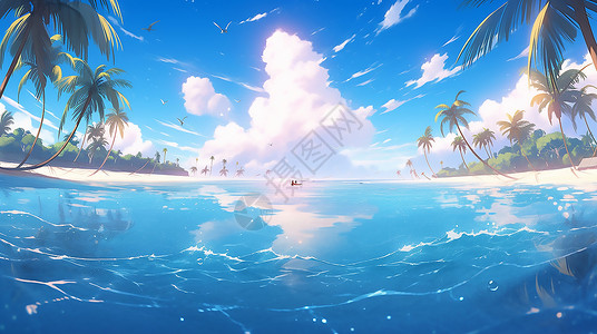 海岸椰树蓝天白云倒映在海面上插画
