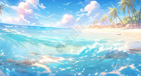 夏天游泳小场景海面上激起的波浪插画