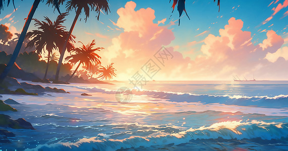 海岸椰树夕阳下的海边插画