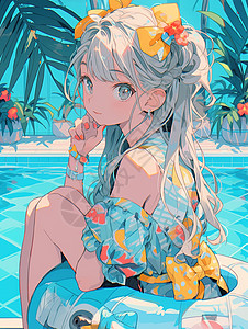 泳池里穿着碎花泳衣的少女坐在泳圈上背景图片