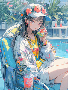 坐在沙滩椅上的女孩戴着草帽的女孩在游泳圈上坐着插画