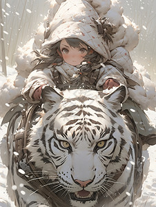 可小女孩骑着白虎图片
