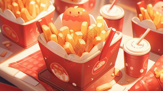 快餐盒子美味的卡通汉堡美食套餐插画