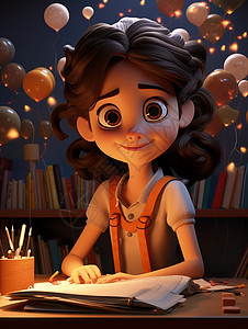 夜晚坐在书桌前写作业的可爱的立体卡通小女孩背景图片
