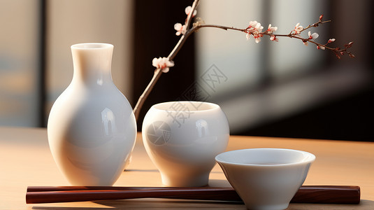 瓷质茶碗古典优雅的白色酒壶与酒杯插画