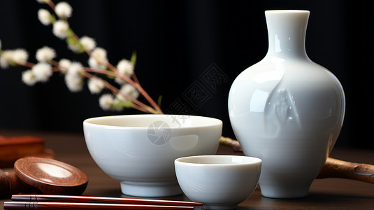 瓷质茶碗古风白色瓷器酒具插画