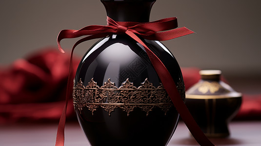 素雅黑色瓷器系红色丝带的黑色酒壶插画