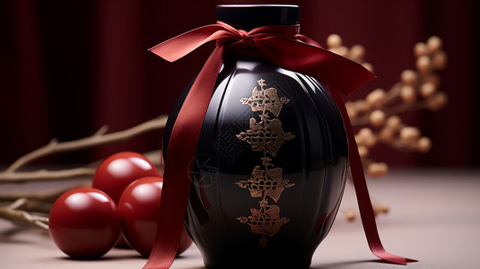 素雅黑色瓷器古风黑色酒壶系红色丝带插画