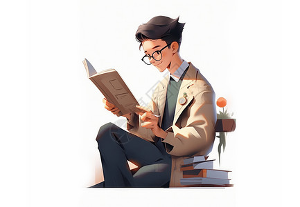 坐在上安静看书的卡通男老师背景图片
