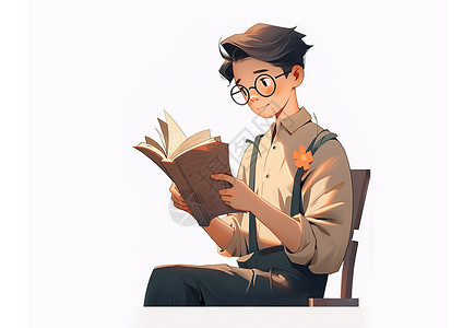 老师坐在讲台上戴着眼镜坐在上安静看书的卡通男老师插画