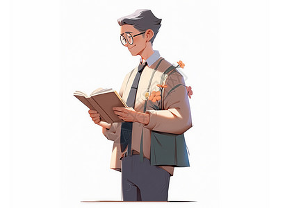 看书男戴着眼镜打开书籍的中老年卡通男老师插画