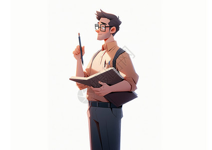 男中年有胡子拿着书本和笔在思考的卡通男老师插画