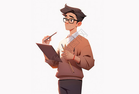 艺术叉勺戴着黑框眼镜在思考的卡通男老师插画